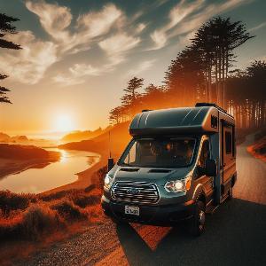 Ford Transit 350 HD extended camper van, van life in Mendocino at sunset-13